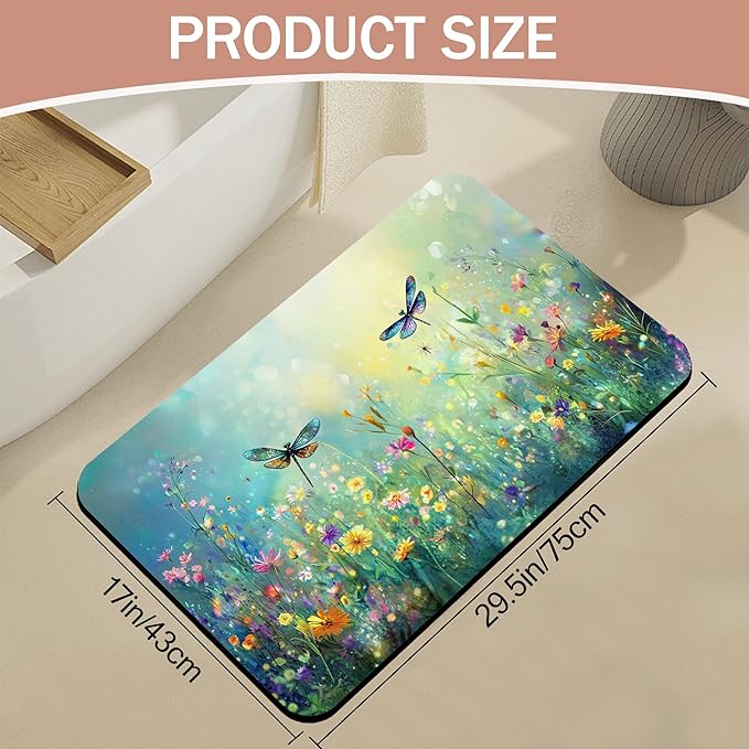 Non Slip Bath Mat,Dragonfly Bathroom Decor,Colorful Flowers Diatomaceous Bath Mat Quick Dry Absorbent Bathroom Rugs-Shower Rug for Kitchen Laundry Bathtub Shower 17"x29.5"