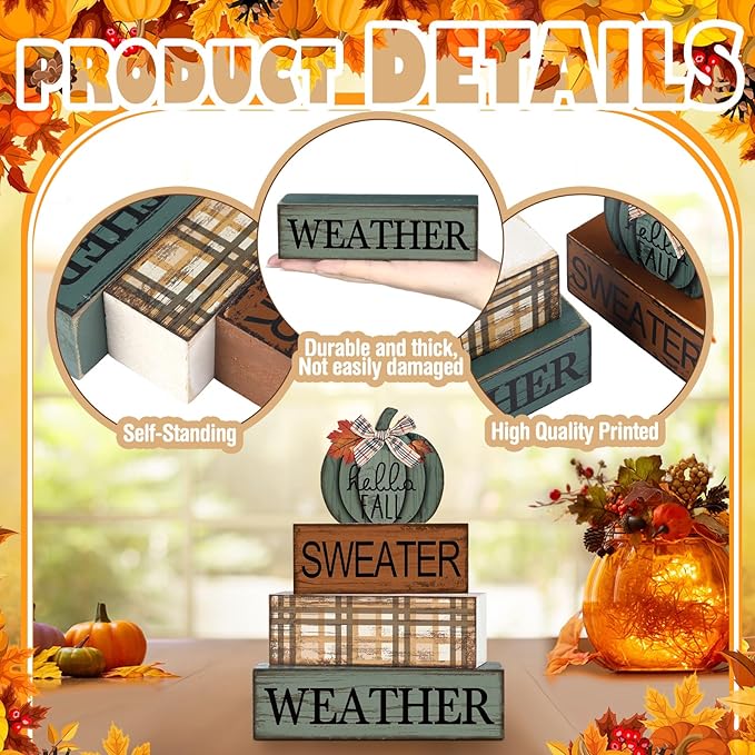 4 Pcs Thanksgiving Pumpkin Decor Fall Decorations for Home Thanksgiving Table Centerpiece Pumpkin Tiered Tray Decor Rustic Decorative Block Signs Farmhouse for Harvest Party Table Kitchen Home