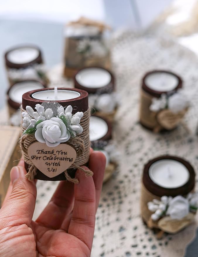 Ju's Favors 10 Piece Set of Wooden Tealight Candle Holders, Wedding Candle Favors, Baby Shower Favors, Guest Return Favors, Bridal Shower Favors for Guests.(Dark Brown+Rose)
