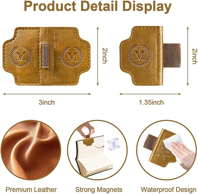 BygoneMark Magnetic Leather Bookmark with Pen Holder, Personalized Custom Initial Page Marker & Pen Clip, Professional Book Accessory for Students (Light Brown-H)