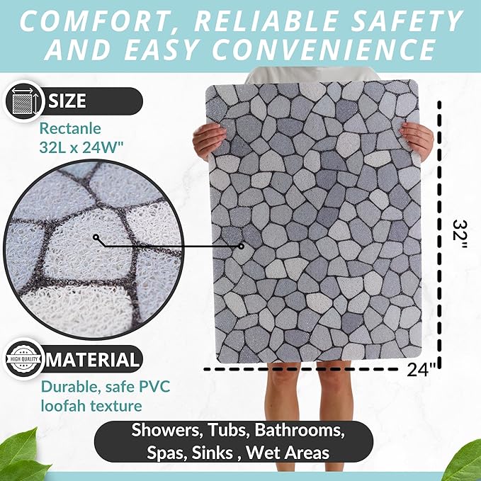 Enkosi Loofah Non-Slip Shower Mat - Shower Floors, Bathtub, Bathrooms, Wet Areas - Cushioned Bath Mat with Drain Holes - Quick Dry PVC, Secure Safety Pad Without Suction Cups (32x24 Pebble Blue)