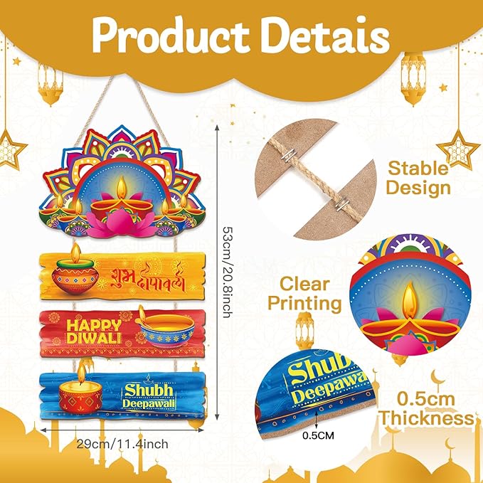 CHDITB Happy Diwali Wooden Sign, Wooden Lotus Rangoli Diyas Festive Wooden Hanging Plaque, Colorful Deepavali Themed Door Hanger, Diwali Wall Art Porch Hanger for Light Celebration Party Decorations