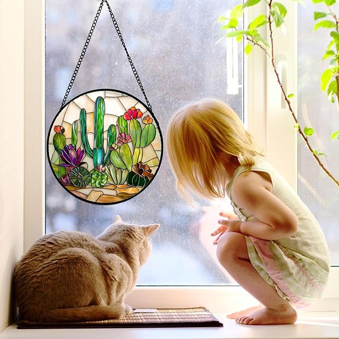 Stained Glass Window Hanging, White Green Cactus Suncatcher Diamond Glass Panel Hangings Sun Catchers Decor for Birthday for Women, Men, Wife, Aunt, and Mom 6.3 in