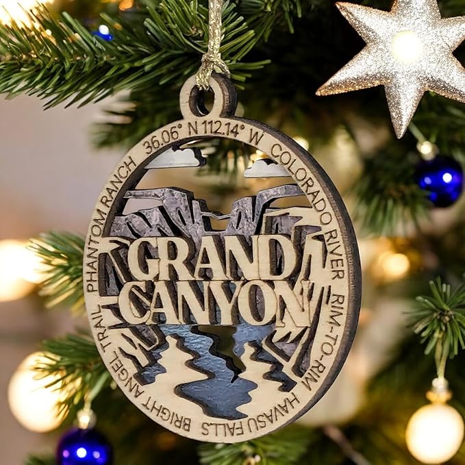 Grand Canyon National Park Handcrafted Christmas Ornament - 3" Wood Laser Cut Souvenir with Colorado River Scene - Made in USA