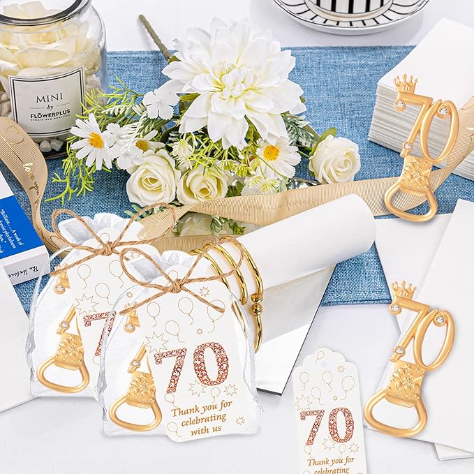 50 Pcs Golden 70th Birthday Party Favors with Rhinestones, 70th Birthday Bottle Openers,Perfect for Guests, Personalized 70 Beer Bottle Openers, 70th Anniversary Wedding Party Gifts (70th)