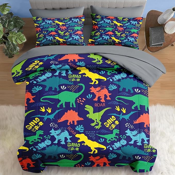 Comforter Set Full Size, Dinosaur Vintage 7 Pcs Bedding for Kids and Adults, Tropical Dino Bed Sheet Sets with Fitted Sheet 2 Pillowcase & 2 Sham for Bedroom Bed Decor