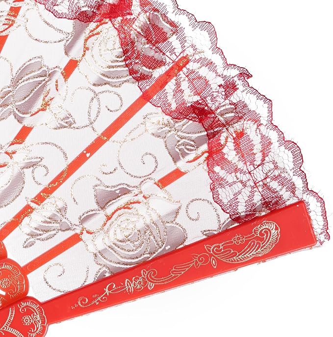 QIRMIZI 10 Pcs Rose Lace Folding Fans,Silk Folding Hand Fans, Perfect for Weddings, Parties, and Dancing,Red
