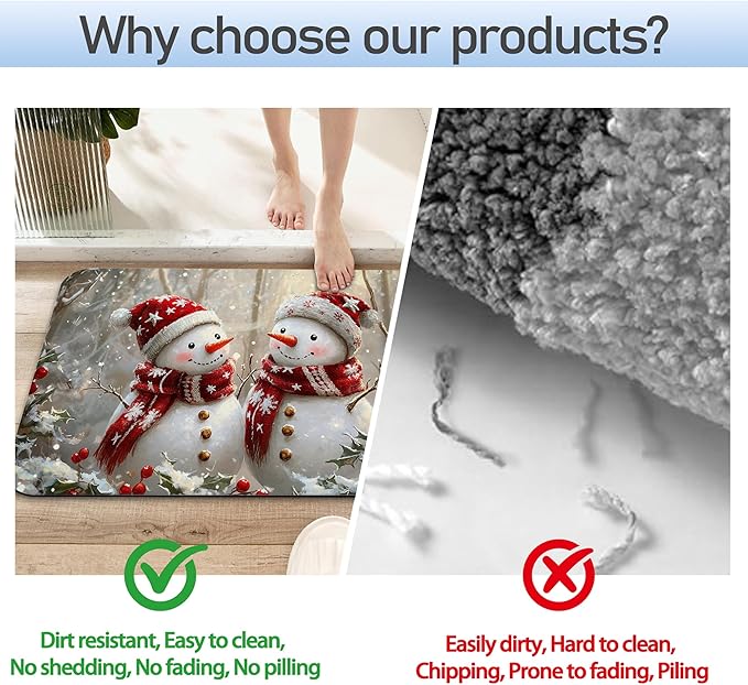 Christmas Snowman Bath Mat 29.5"x17",Slim Low-Profile Fast Drying Super Absorbent Bathroom Rug with Non-Slip Backing, Easy-Clean Modern Floor Mat for Tub, Shower, or Entryway