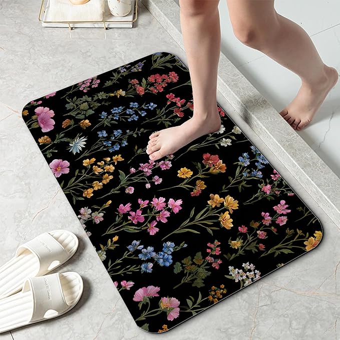 Groovy Flowers Bathroom Rug 29.5"x17", Super Absorbent Fast Drying Bath Mat with Non-Slip Rubber Backing, Thin Low-Profile Easy-Clean Bathroom Floor Mat for Shower or Tub