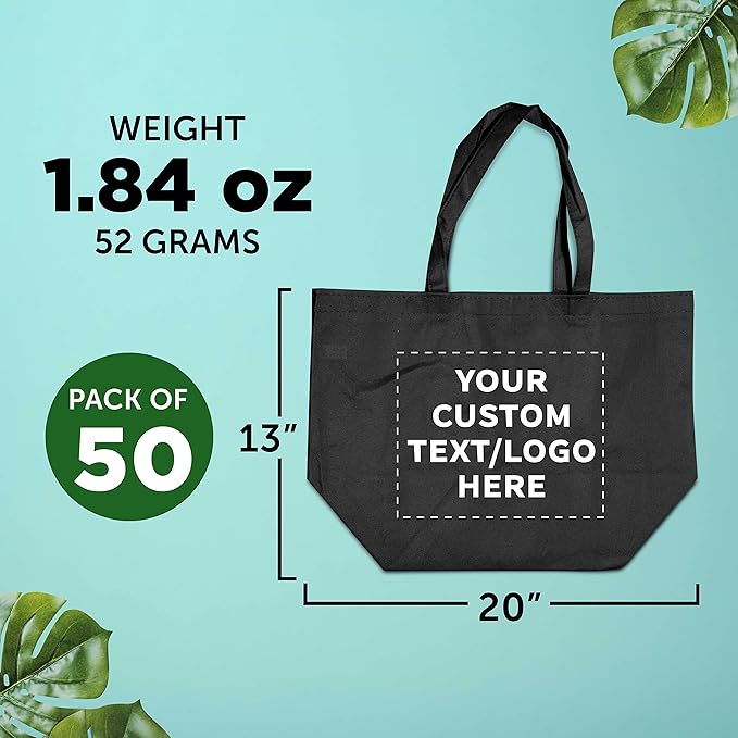 DISCOUNT PROMOS Custom Southern Style Grocery Tote Bags Set of 50 - Personalized Bulk Pack, Reusable Grocery & Shopping Bags - Great for Travel, Carry on Bag, Business Promotions - Black - 20"X13"X8"