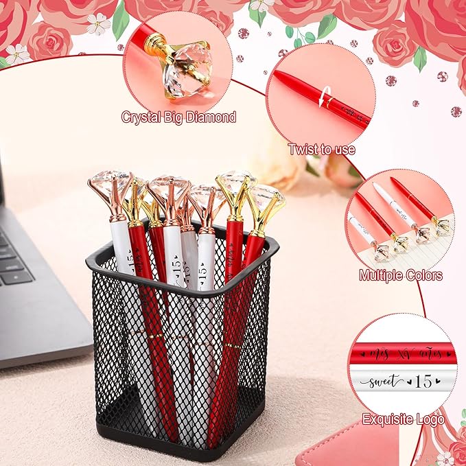 25 Set Quinceanera Party Favors for Guest Sweet 15 Diamond Pens Bulk Mis XV Años Fancy Ballpoint Pen with Thank You Cards and Ties 15th Birthday Thank You Gifts(White, Red)