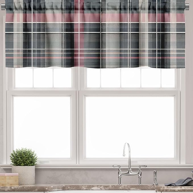 Ambesonne Floral Valance & Tier Curtain 3 pcs Set, Treasured Garden of Spring with Flowers and Calm Colored Tartan Plaid Pattern, Window Treatments for Kitchen Room Decor, 55" x 45", Pink and Grey
