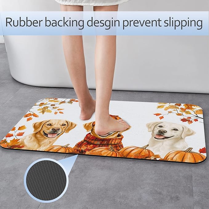 Cute Dog Bathroom Rug 29.5"x17", Super Absorbent Fast Drying Bath Mat with Non-Slip Rubber Backing, Thin Low-Profile Easy-Clean Bathroom Floor Mat for Shower or Tub