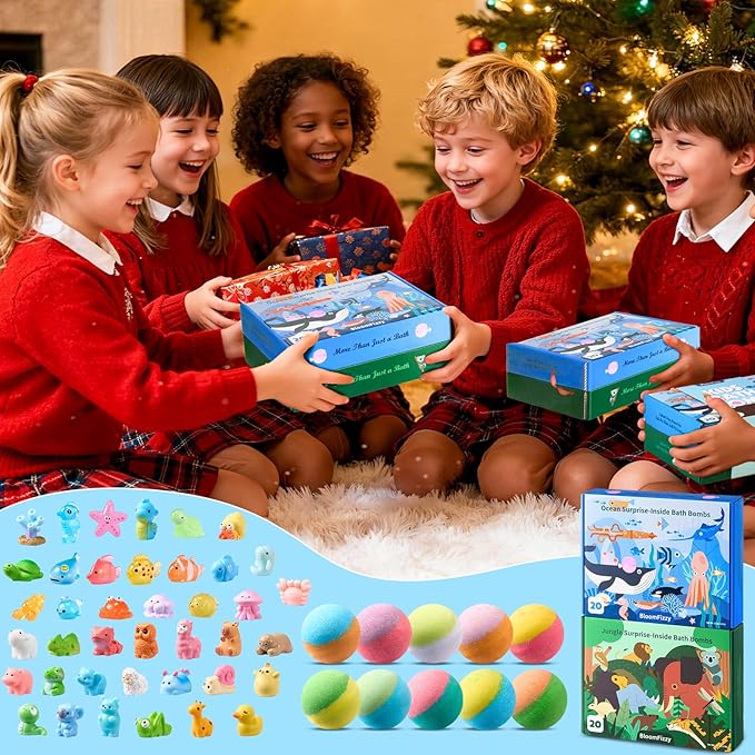 40 Kids Bath Bombs with Surprise Inside, Ocean & Jungle Animal Toys Gift Set with Natural Child-Safe Ingredients, Travel-Friendly Bath Bombs for Boys and Girls, Great for Birthdays, Christmas & Easter
