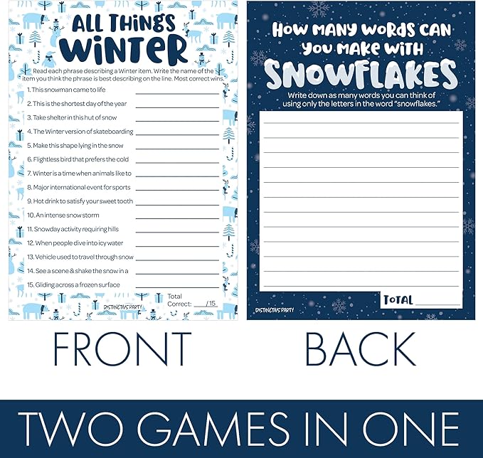 DISTINCTIVS Winter Holiday Party Bundle All Things Winter Trivia Guessing Game & Snowflakes Anagram Word Game - 25 Dual Sided Cards for Players