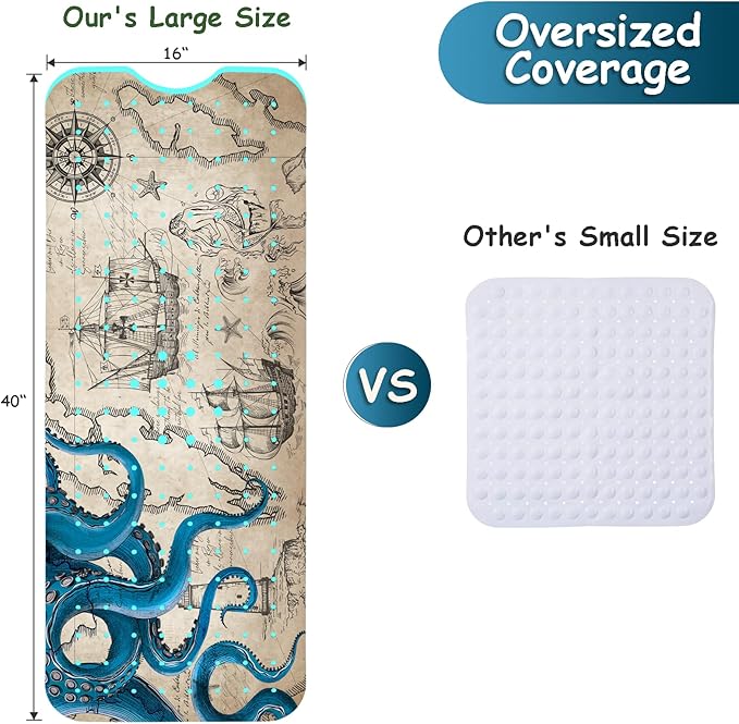 Bathtub Mat Non Slip, Octopus Extra Long Bath tub Mat Shower Floor Mat with Suction Cups and Drain Holes for Adults Kids Elderly 40 X 16 Inch
