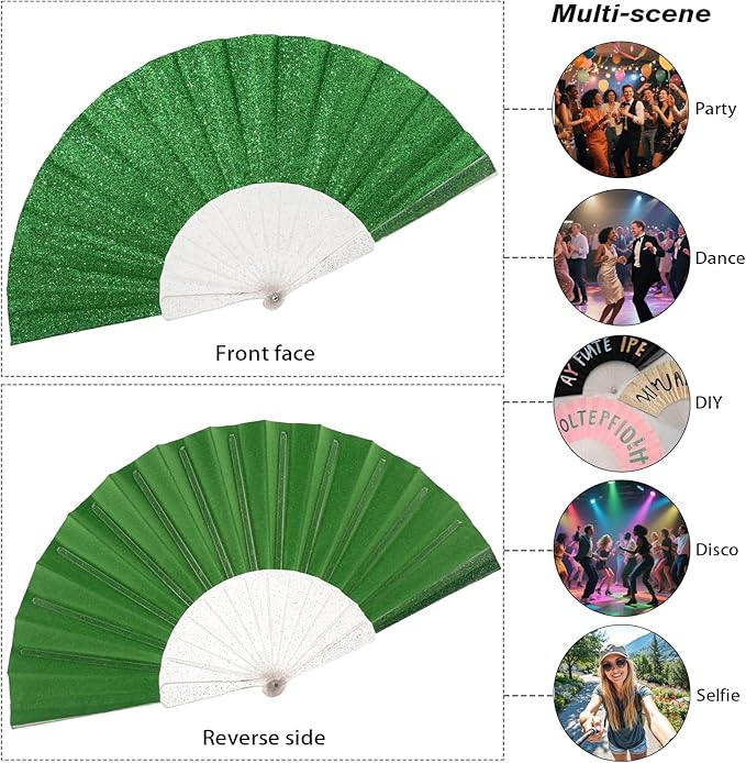 24 Pack Handheld Fan,Folding Hand Glitter Fan with Shining Transparent Fan Rib – Ideal for Wedding, Church, Festival, Dance, Tea Party, Club, and EDM Accessories, Light Green