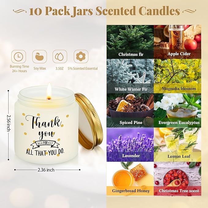 Roowest 10 Jars Thank You Gift Candles 3.5 oz Valentines Employee Appreciation Gifts Bulk Soy Wax Jar Inspirational Candle Thank You Coworkers Employee Women Secretaries Teacher(White,Elegant,Fresh)