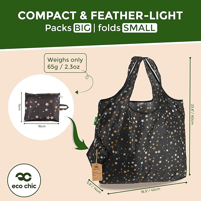 ECO CHIC Foldable Reusable Large Grocery Bags - Foldable Grocery Bags - Lightweight, Recycled & Reusable Shopping Bag - Waterproof, Packable Tote Fitting in Fine Grocery Bag Carrier
