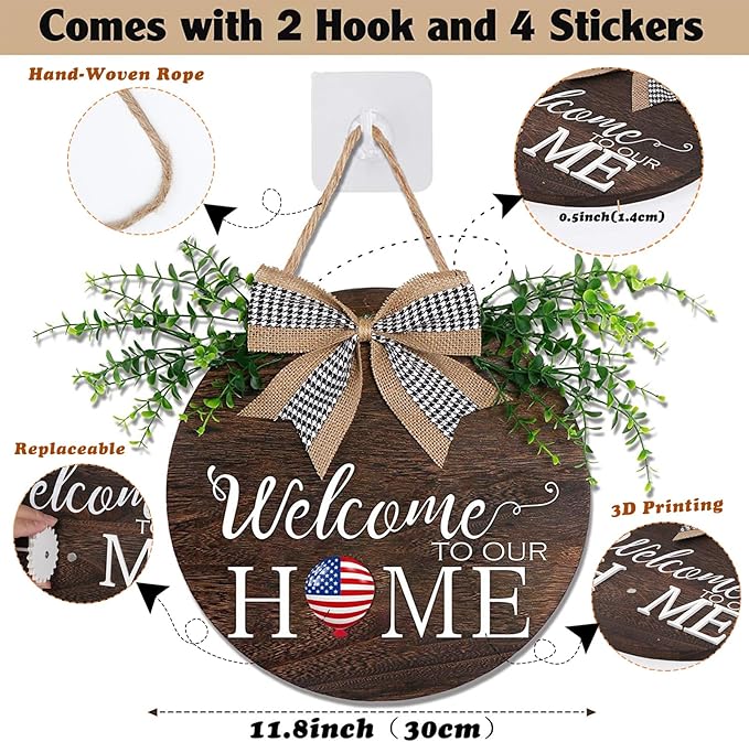 Interchangeable Welcome to Our Home Sign, Equipped with 16 Replaceable Icons, Farmhouse Front Door Signs Wooden Wreath Suitable for All Seasons Holiday Halloween Christmas (12x12 Inch)