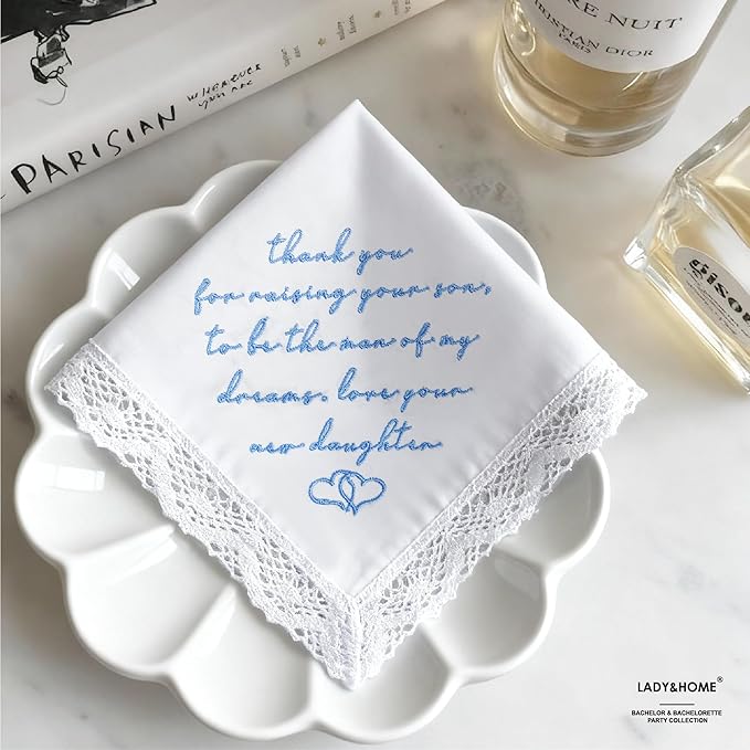 LADY&HOME Something Blue Embroidered Wedding Handkerchief - Mom,Dad,Daughter,Lace Bridal Hankies Wedding Gifts