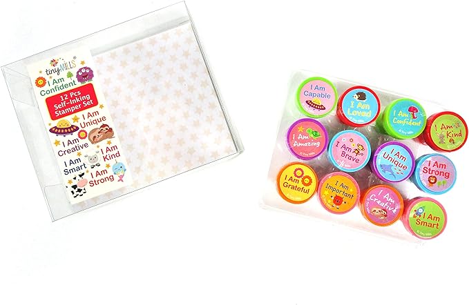 TINYMILLS 12 Pcs Positive Affirmation Stamp Kit for Kids - Positive Mindfulness Self Inking Stamps Gift Party Favors