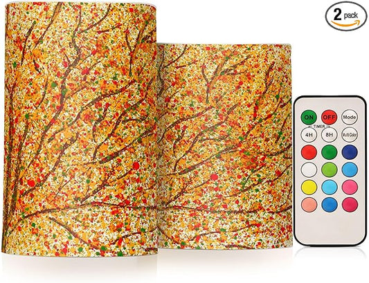 ALAZA Autumn Fall Tree Flickering Flameless Candles Battery Operated with Remote Timer,Tea Light Candles LED Pillar Votive Candles Set of 2 for Outdoor Indoor Decorations