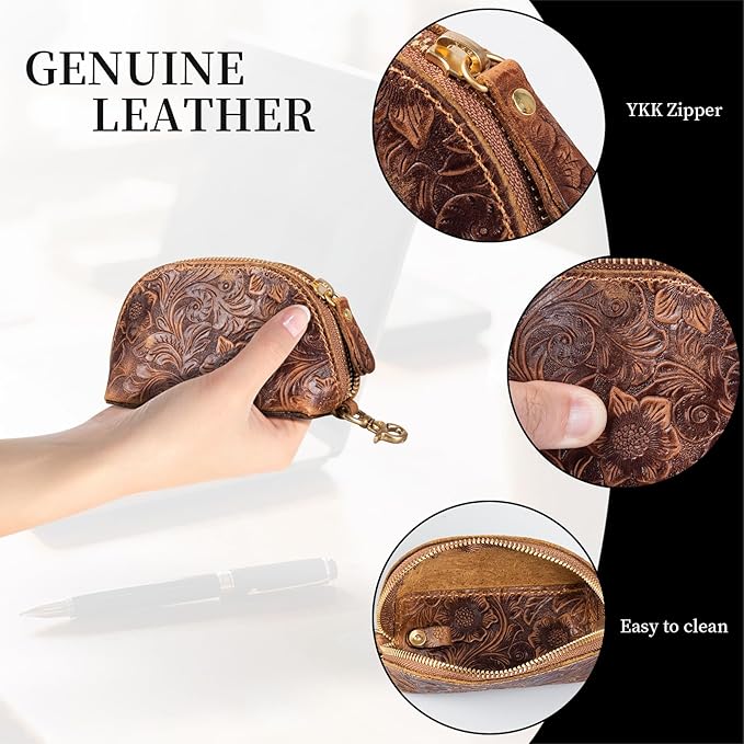 Gexmil Genuine Leather Coin Purse with Zipper, Full Grain Leather, Mini Coin Pouch for Women Men, Change Wallet,Floral Brown