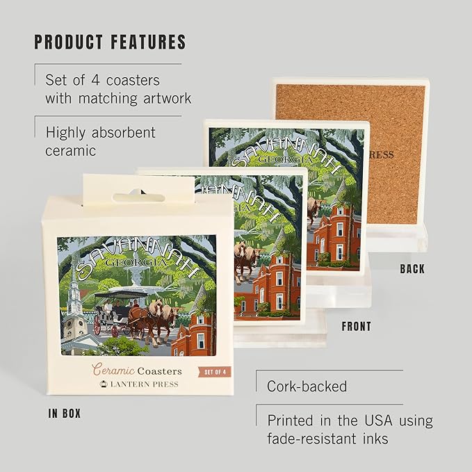 Lantern Press Savannah, Georgia, Town Views (Absorbent Ceramic Coasters Set of 4 Matching Images, Cork Back, Kitchen Table Decor)
