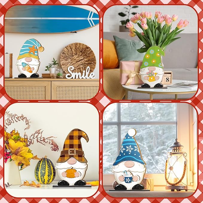 Blulu 32 Pcs Christmas Interchangeable Wooden Gnome Decor DIY Holiday Christmas Seasonal Tiered Tray Decoration Gnomes with Magnet Pieces Welcome Sign for Xmas Holiday Decorations (Bright)