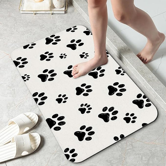 Black White Dog Paws Bath Mat 29.5"x17",Slim Low-Profile Fast Drying Super Absorbent Bathroom Rug with Non-Slip Backing, Easy-Clean Modern Floor Mat for Tub, Shower, or Entryway