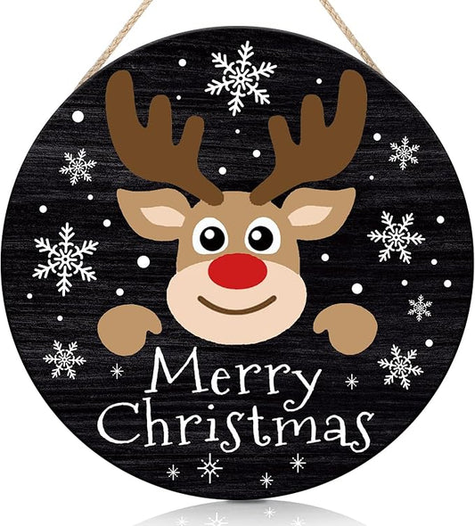 CHDITB Merry Christmas Sign,Reindeer Welcome WOOD SIGN, Farmhouse Round Xmas WOODEN SIGN,Funny Winter Wooden Door Hanger Decorative,Funny Holidays Deer Face Wooden Front Door Hanger