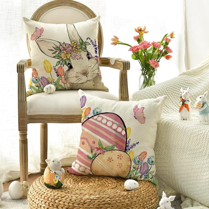 AVOIN colorlife Happy Easter Hunny Bunny Colorful Srtipes Throw Pillow Covers, 18 x 18 Inch Easter Eggs Bunny Spring Cushion Case for Sofa Couch Set of 4