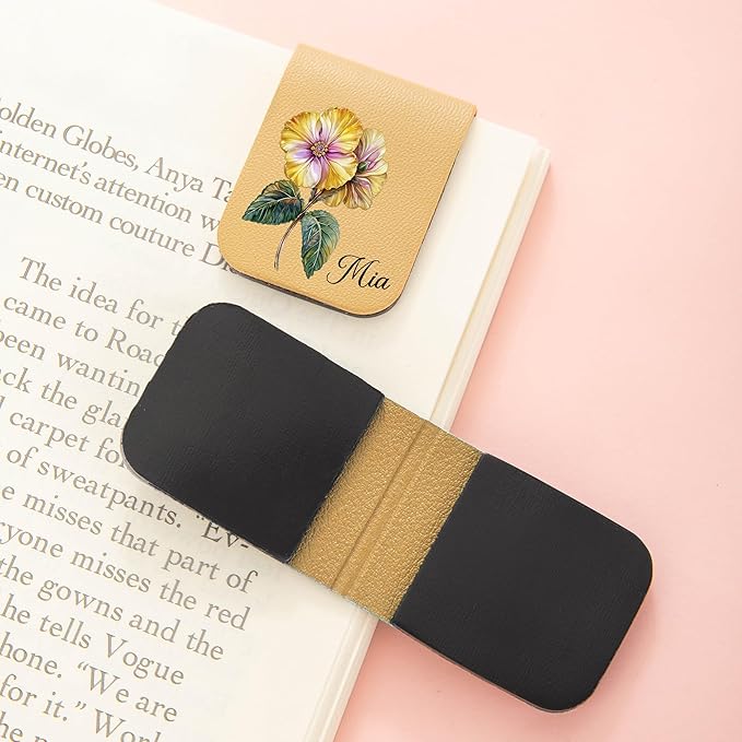 callie Personalized Magnet Bookmark Clips - Custom Retro Birth Flower & Name, Leather Magnetic Book Page Marks, Gifts for Women Men Book Lovers