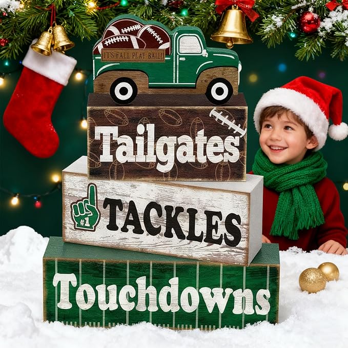 4 Pcs Football Decor, Rustic Football Wooden Signs for Room, Table, Shelf, Locker Room, Sports Centerpieces for Bedroom, Living Room, Coach & Senior Night Gifts