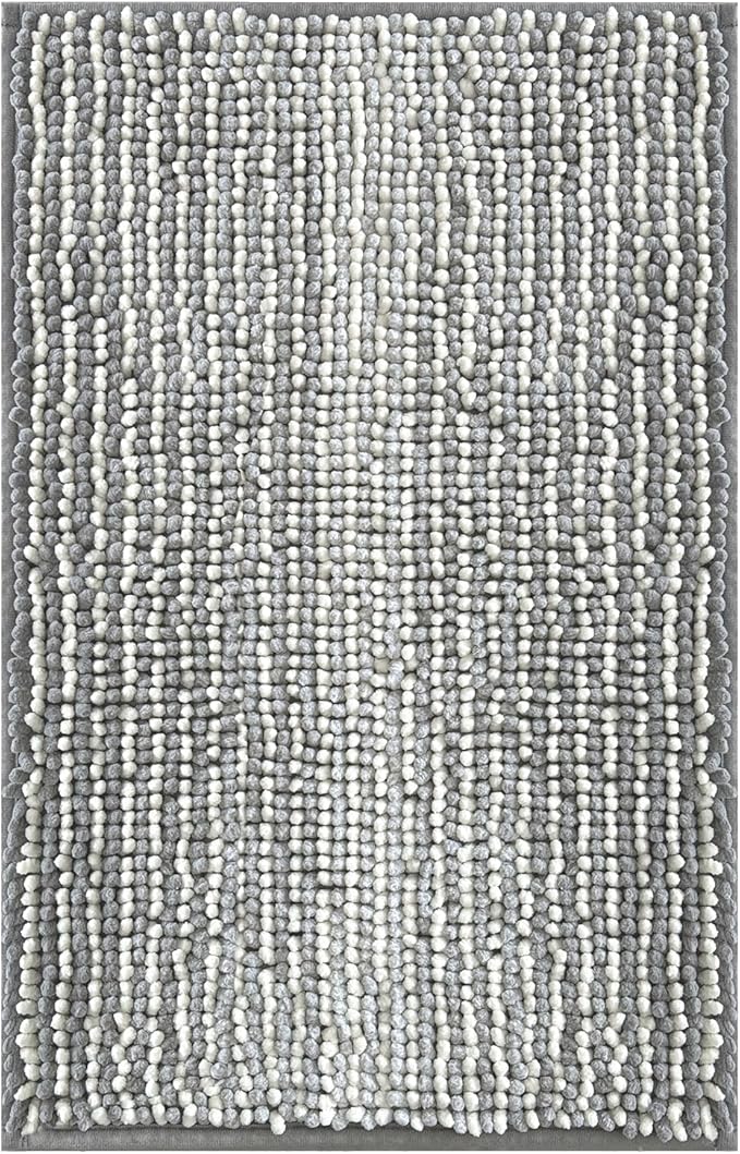 HDFK Bath Mat & Bathroom Rug - Slim Chenille Shower Carpet, Ultra Soft Non-Slip with Odorless Hot Melt Base, Machine Washable Medium-Height Striped Design for Bathtub Floor (36x24 Inch, Gray & White)