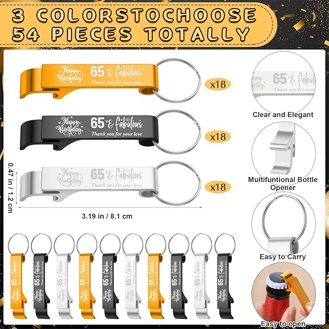 Dandat 54 Sets 65th Birthday Party Favors for Guests Birthday Beer Opener Keychain Cheers to 65 Bottle Opener Keychain with Thank You Cards and Gift Bags for Anniversary Wedding Party Favors