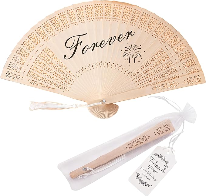 50 Pcs Wedding Fans Engraved Wooden Folding Hand Fans with Organza Bags, Wedding Party Favors for Guests, Bridal Shower & Summer Outdoor Ceremony (Style6,50)