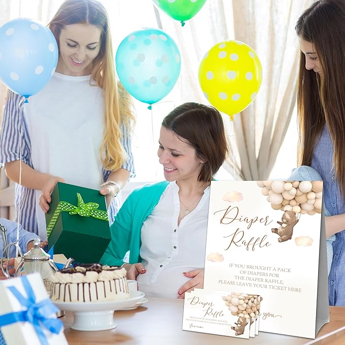 Baby Shower Diaper Raffle Game Set - Watercolor Teddy Bear 1 Standing Sign & 50 Diaper Raffel Tickets - Baby Announcement, Gender Reveal Party Activities & Decorations For Boys, Girls - A06
