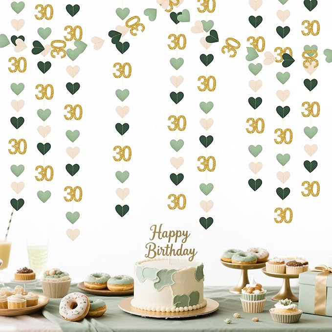 Sage Green Gold 30th Birthday Decorations Sage Green Gold Heart Garland Streamer Banner Backdrop for Women Happy 30th Birthday Dirty Thirty Cheers to 30 Years Old Fabulous Anniversary Party Supplies