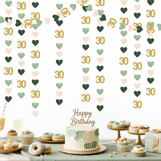 Sage Green Gold 30th Birthday Decorations Sage Green Gold Heart Garland Streamer Banner Backdrop for Women Happy 30th Birthday Dirty Thirty Cheers to 30 Years Old Fabulous Anniversary Party Supplies