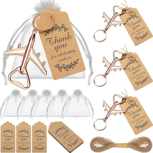 Honeydak 20 Set Airplane Bottle Opener Keychains with White Sheer Favor Bag Thank You Card Tags for Wedding Favor Baby Shower Return Presents Travel Theme Party Let the Adventure Begin