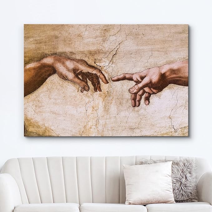 wall26 Canvas Print Wall Art The Creation of Adam Closeup by Michelangelo Spiritual & Religious Cultural Oil Painting Renaissance Traditional Portrait for Living Room, Bedroom, Office - 32"x48"