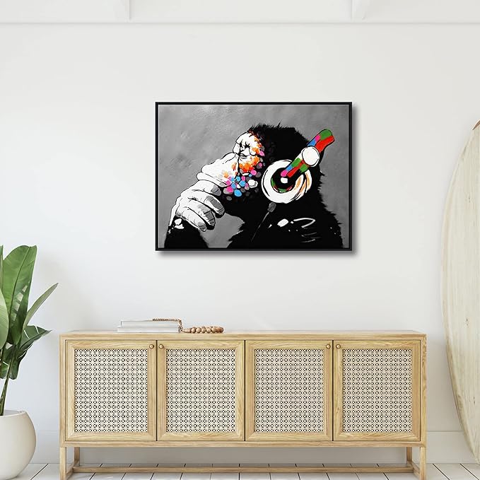 Wieco Art Large Black Framed Monkey With Headphones Banksy Graffiti Art Abstract Canvas Painting for Home Decor Canvas Wall Art for Living Room Decoration Wall Decor & Office Decor