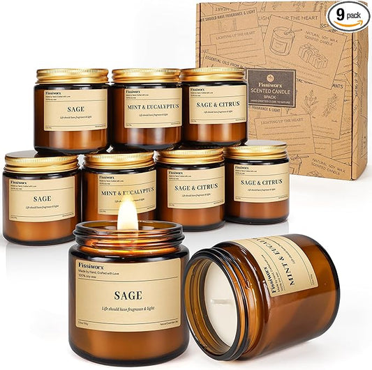 9 Pack Soy Candles for Home Scented |（Sage/Mint & Eucalyptus/Sage & Citrus） Long-Lasting 270 Hours, Natural Scented Candles Gift for Women & Men, Birthday, Mother’s Day, Valentine's Day Gift