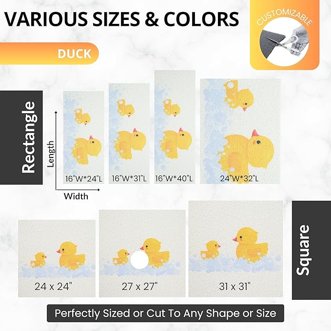 Enkosi Loofah Non-Slip Shower Mat - Shower Floors, Bathtub, Bathrooms, Wet Areas - Cushioned Bath Mat with Drain Holes - Quick Dry PVC, Secure Safety Pad Without Suction Cups (32x24 Duck)