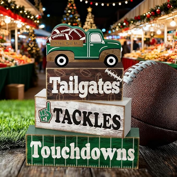 4 Pcs Football Decor, Rustic Football Wooden Signs for Room, Table, Shelf, Locker Room, Sports Centerpieces for Bedroom, Living Room, Coach & Senior Night Gifts