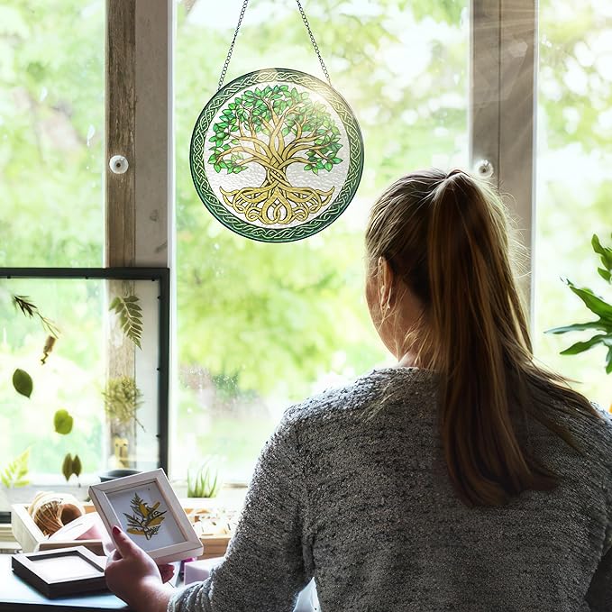 FLAGWIX Tree of Life Gifts for Women Men - Stained Glass Window Hanging 8 in - Birthday Gifts for Mom Grandma, Tree of Life Decorations Indoor, Celtic Suncatchers Garden Decor