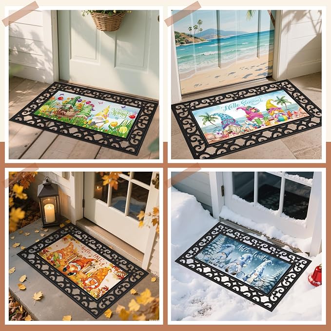 Nuanchu 12 Pcs Seasonal Door Mat Interchangeable Doormat Inserts Entrance Welcome Mats 22 x 10 Inches Non Slip Mats Gifts for Front Door Christmas Thanksgiving Decoration (No Frame)(Gnomes)