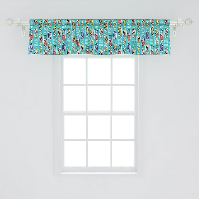 Ambesonne Surfboard Window Valance Pack of 2, Aloha Hawaii Live Free Ocean Water Sports Inspired Pattern Coastal Inspirations, Rod Pocket Curtain Valances for Kitchen Bedroom, 42" X 12", Seafoam